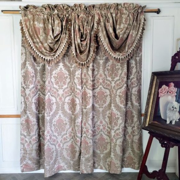 JC Penney Drapes Waterfall Valances 100Wx85L Tan Floral Jacquard Lined Vtg 7pcs - Picture 4 of 13
